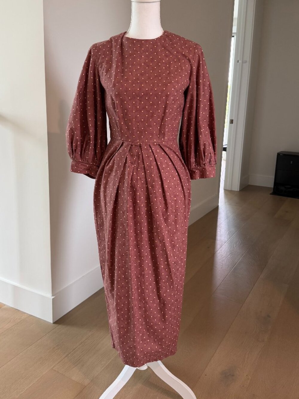Retro style 100% premium cotton midi dress puff sleeves